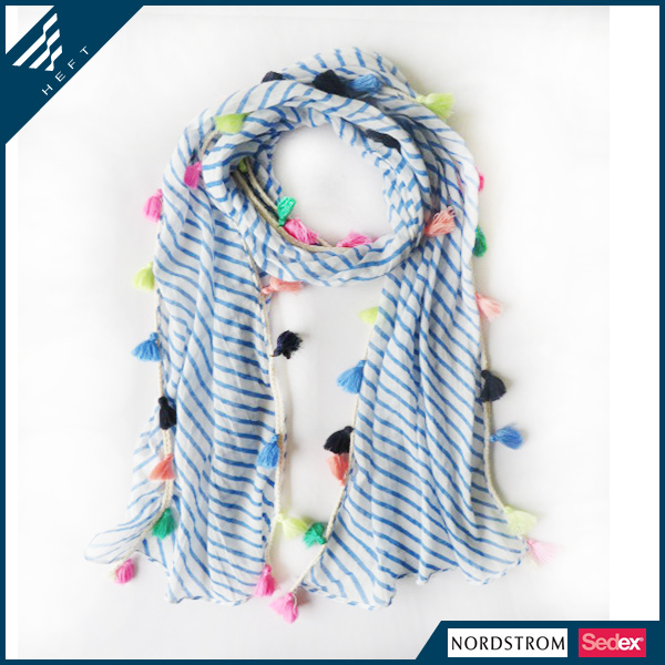 新款蓝色条纹彩色花边儿童围巾